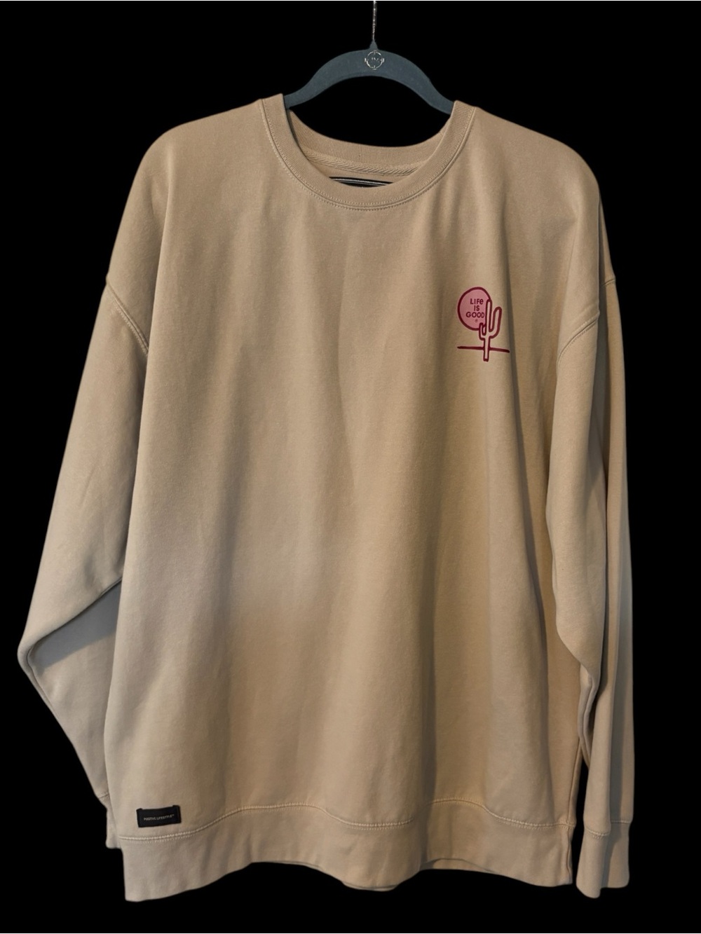 Life Is Good Sand Crewneck with Pink Cactus Emblem